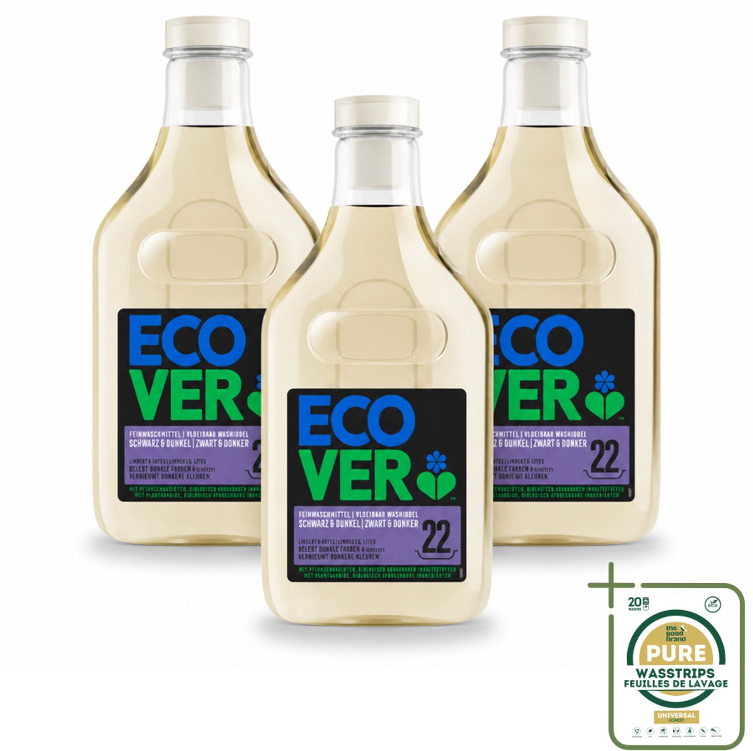 3 x Ecover - Vloeibaar wasmiddel - Zwart & Donker - 1 liter - 22 wasbeurten - Wasstrips - Donker Wasmiddel - Kleurbehoud - Donkere Stoffen - Kleuroverdracht Voorkomen - Ecologisch Wasmiddel