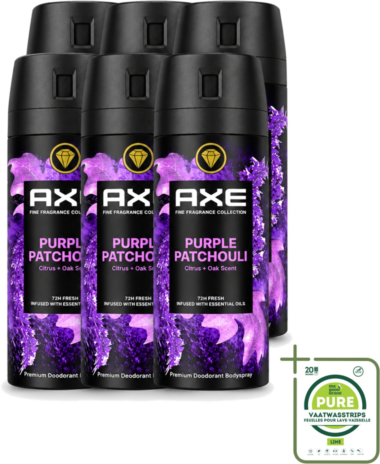 6 x AXE - Deodorant Spray - Purple Patchouli - Verfrissend - Kruidige Geur - 150 ml - Grootverpakking - Deodorant Spray - Frisheid - Geur - Patchouli - Citrus