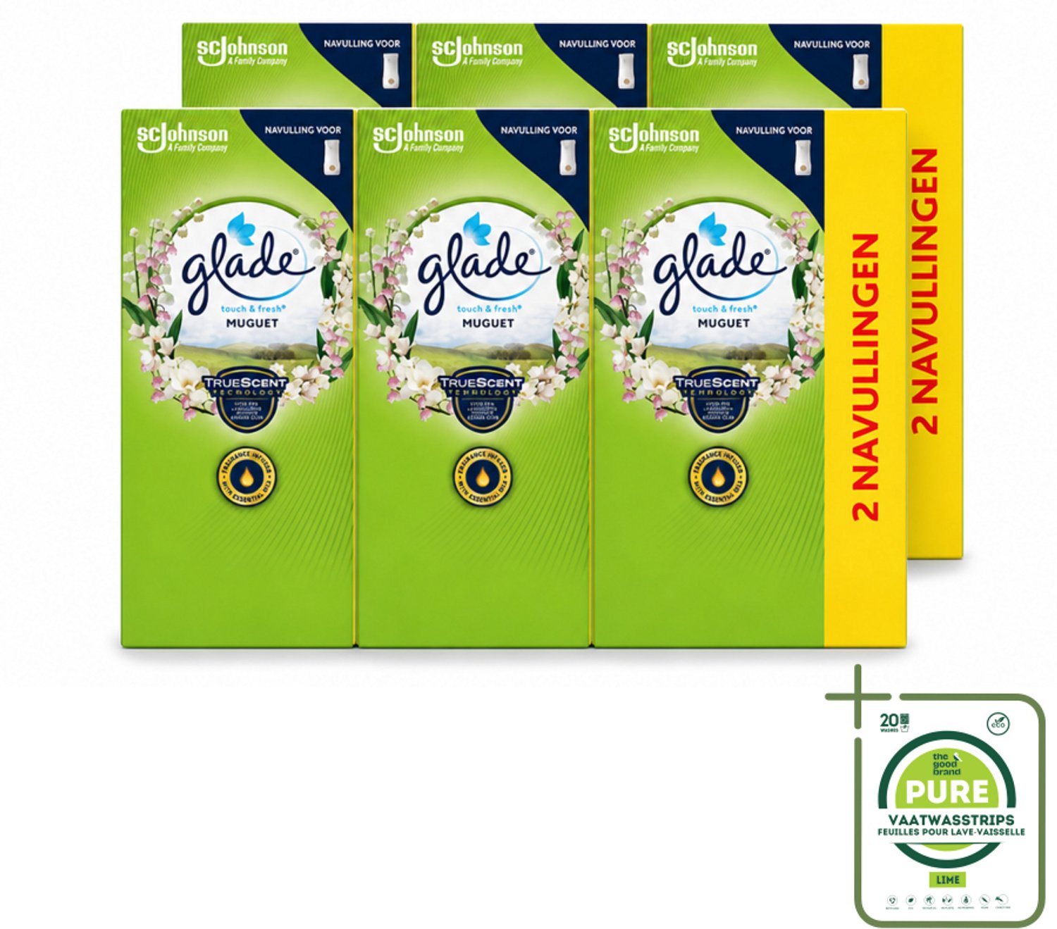 6 x Glade - Touch & Fresh Navulling - Lelietje-van-dalen - 2 × 10 ml - Grootverpakking - Vaatwasstrips - Navulling Muguet - Glade Touch & Fresh - Bloemige Geur - Frisse Geur - Geurverspreiding