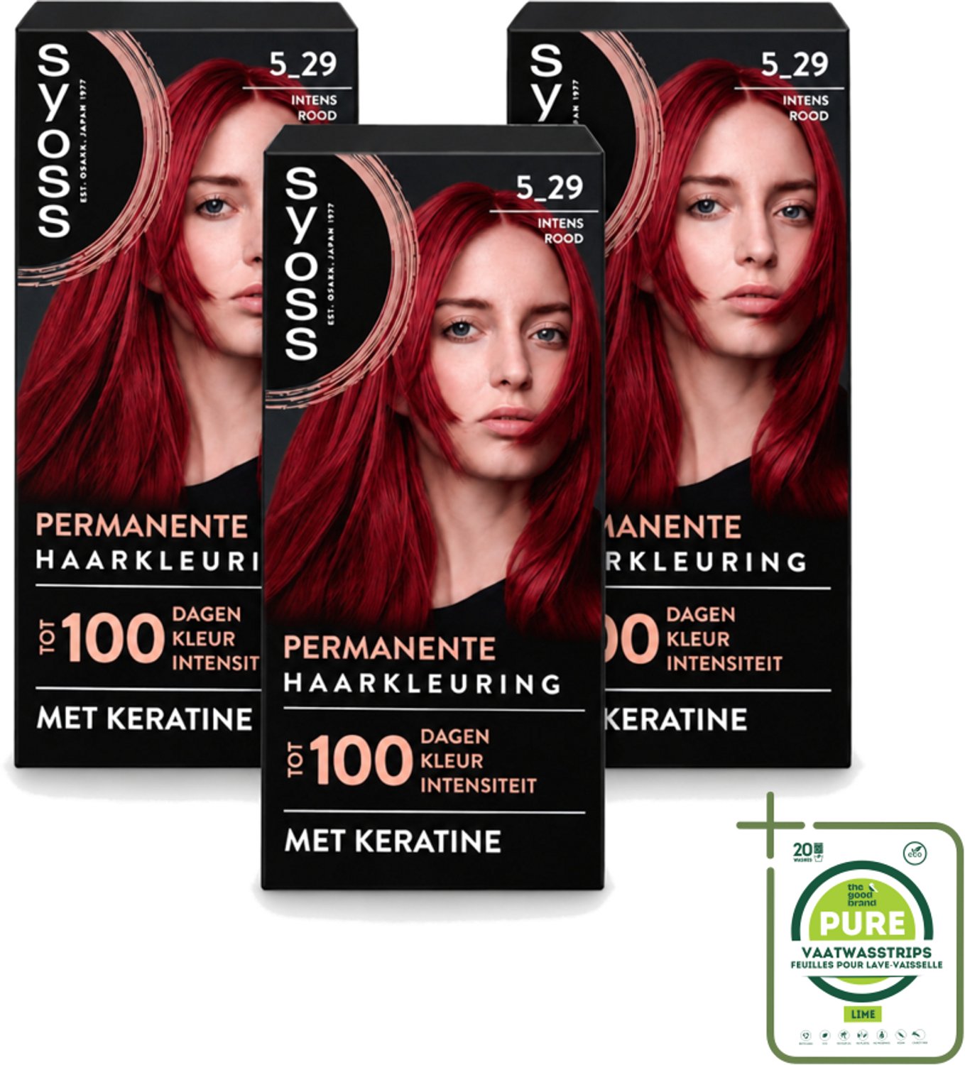 3 x SYOSS - Coloration 5-29 Intens Rood - Haarverf - Grijsdekking - Vermindert Haarbreuk - Grootverpakking - Vaatwasstrips - Permanente Haarkleuring - Haarkleur - Grijsdekking - Keratine - Haarmasker