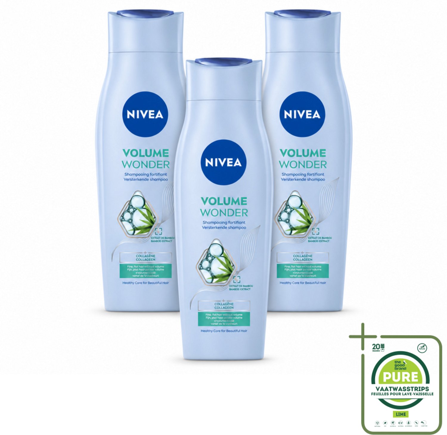 3 x NIVEA - Shampoo - Volumeverzorging - Versterkend - Gezonde Zorg - 250 ml - Grootverpakking - Vaatwasstrips - Haarvolume - Haarkracht - Haarkleur - Haartype - Haartoon