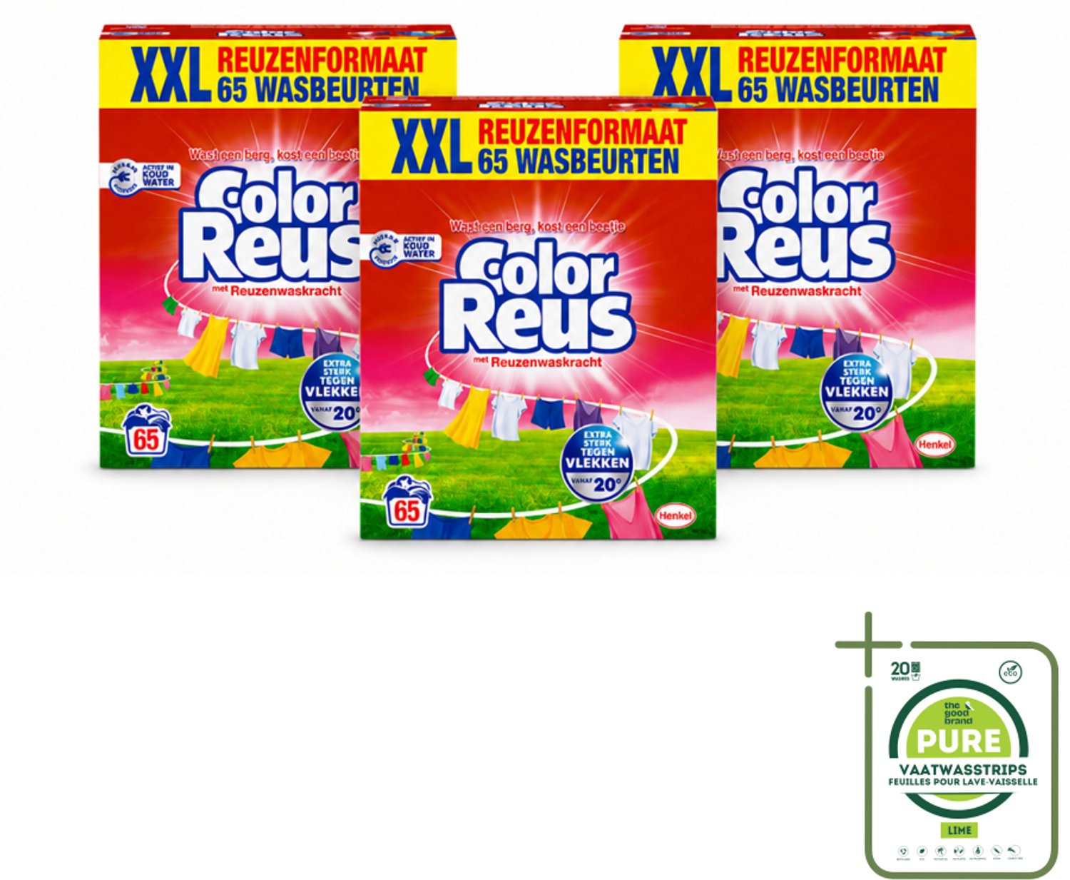 3 x Color Reus - Waspoeder - Gekleurde Was - 65 Wasbeurten - Grootverpakking - Vaatwasstrips - Kleurbehoud - Waspoeder - Vlekverwijdering - Frisheid - Energiebesparing