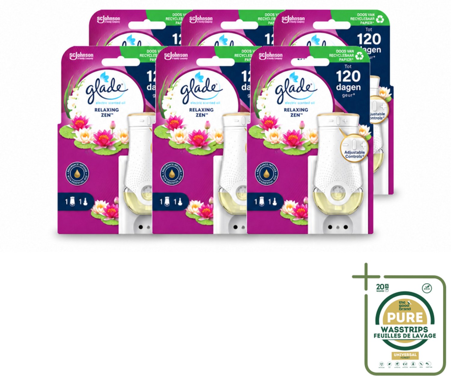 6 x Glade - Houder Elektrische Olie - Relaxing Zen - Wasstrips - Elektrische Geurhouder - Ontspannende Geur - Luchtverfrisser - Geurhoudende Houder - Relax Geur