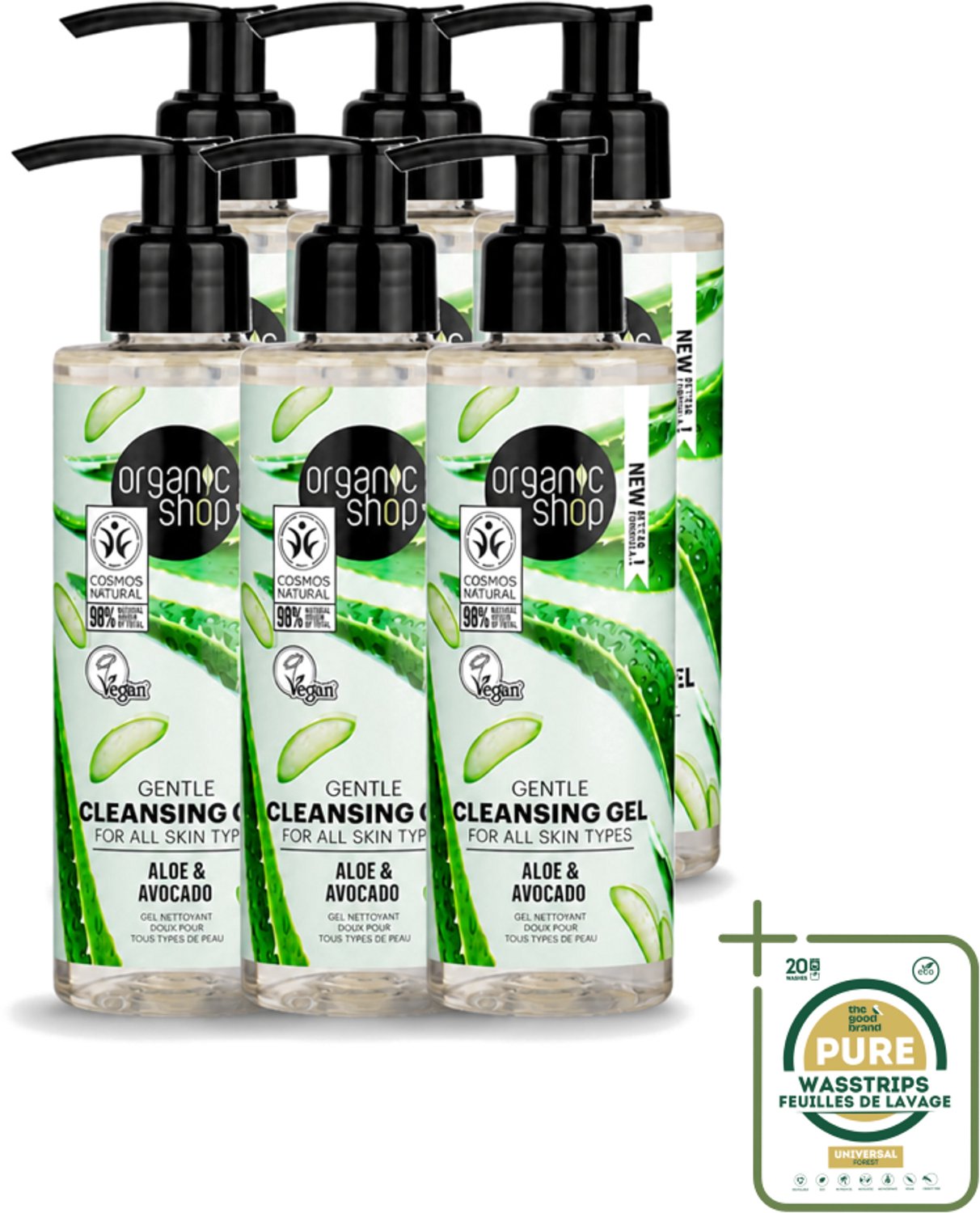 6 x Organic Shop - Cleansing Gel Avocado & Aloe - Verfrissend en Hydraterend - 200 ml - Wasstrips - Gezichtsreiniger - Natuurlijke Reiniger - Avocado-olie - Aloë-extract - Hydraterende Reiniger