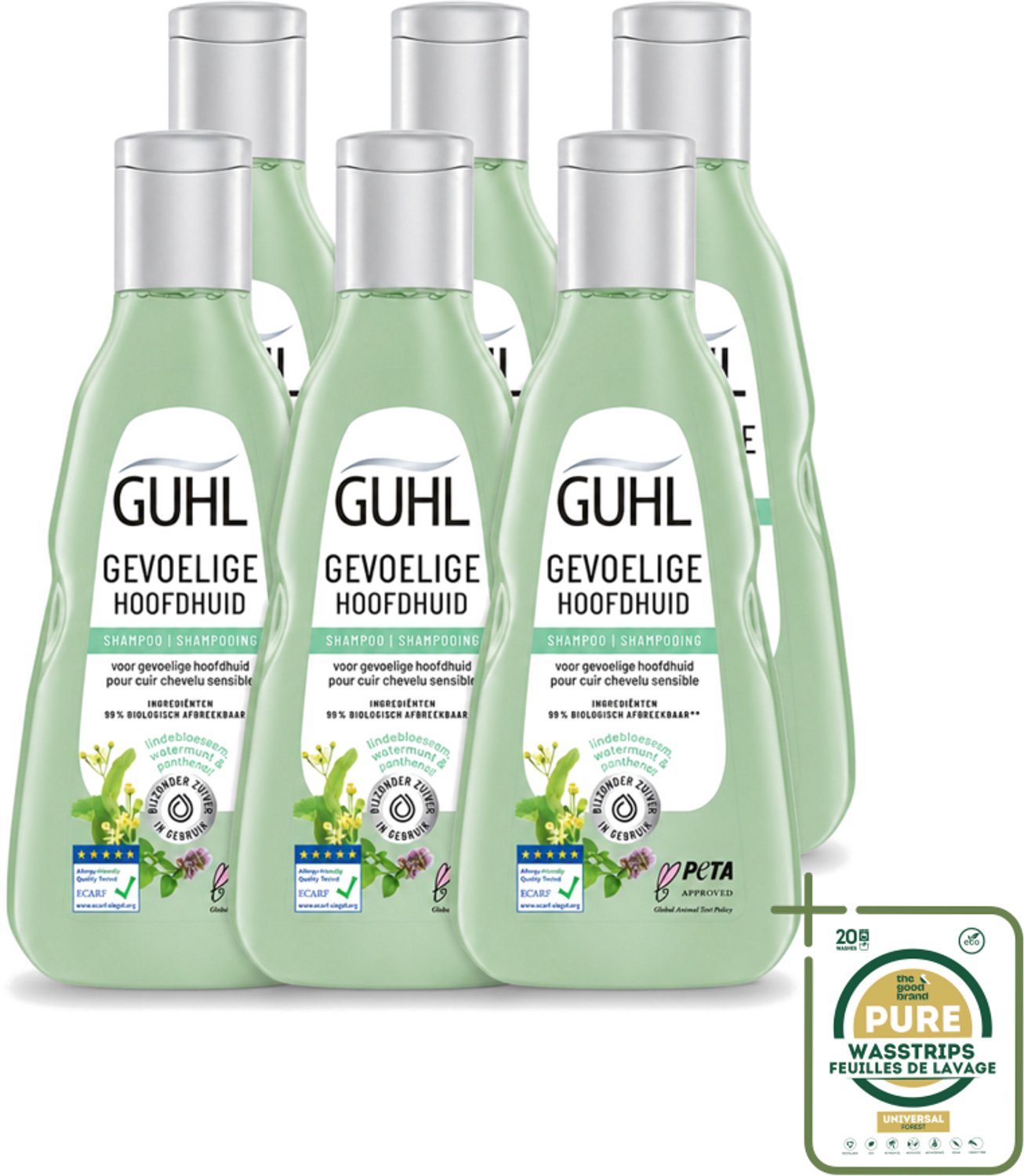 6 x Guhl - Shampoo - Gevoelige Hoofdhuid - 250 ml - Wasstrips - Gevoelige Hoofdhuid Shampoo - Kalmerende Shampoo - Hoofdhuid Verzorging - Droge Hoofdhuid - Jeuk Beheersen