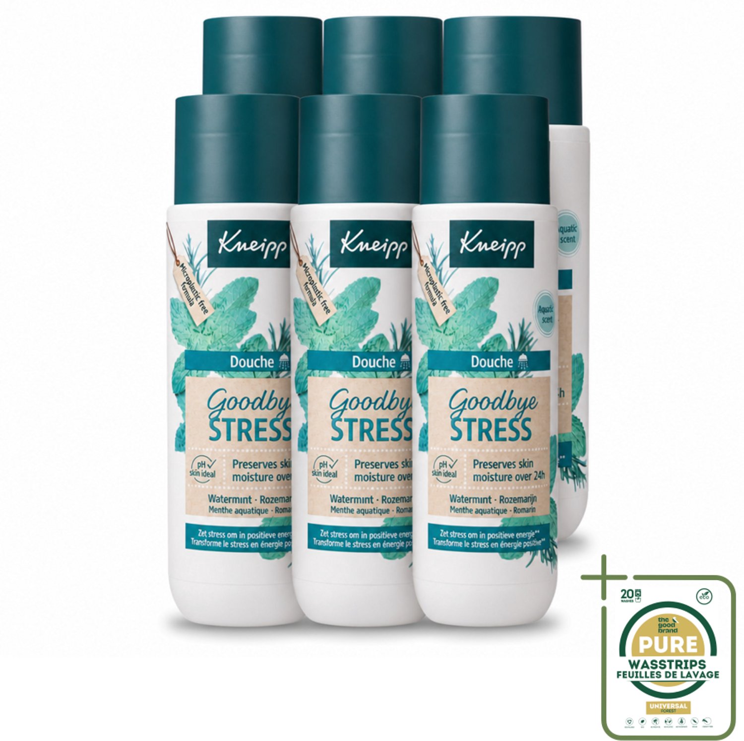 6 x Kneipp - Douchegel - Goodbye Stress - 200 ml - Wasstrips - Douchegel Stressverlichting - Stressverlichtende Douchegel - Watermunt En Rozemarijn - Energie Opvoeren - Natuurlijke Douchegel