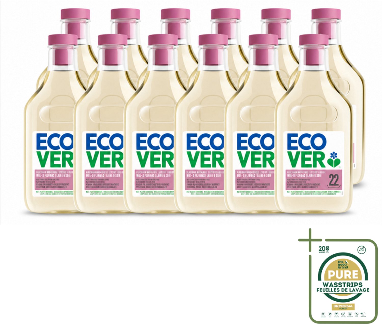 12 x Ecover - Vloeibaar wasmiddel - Wol & Fijnwas - 1 liter - 22 wasbeurten - Wasstrips - Wasmiddel Wol - Fijne Was - Zachte Was - Biologisch Afbreekbaar - Ecover