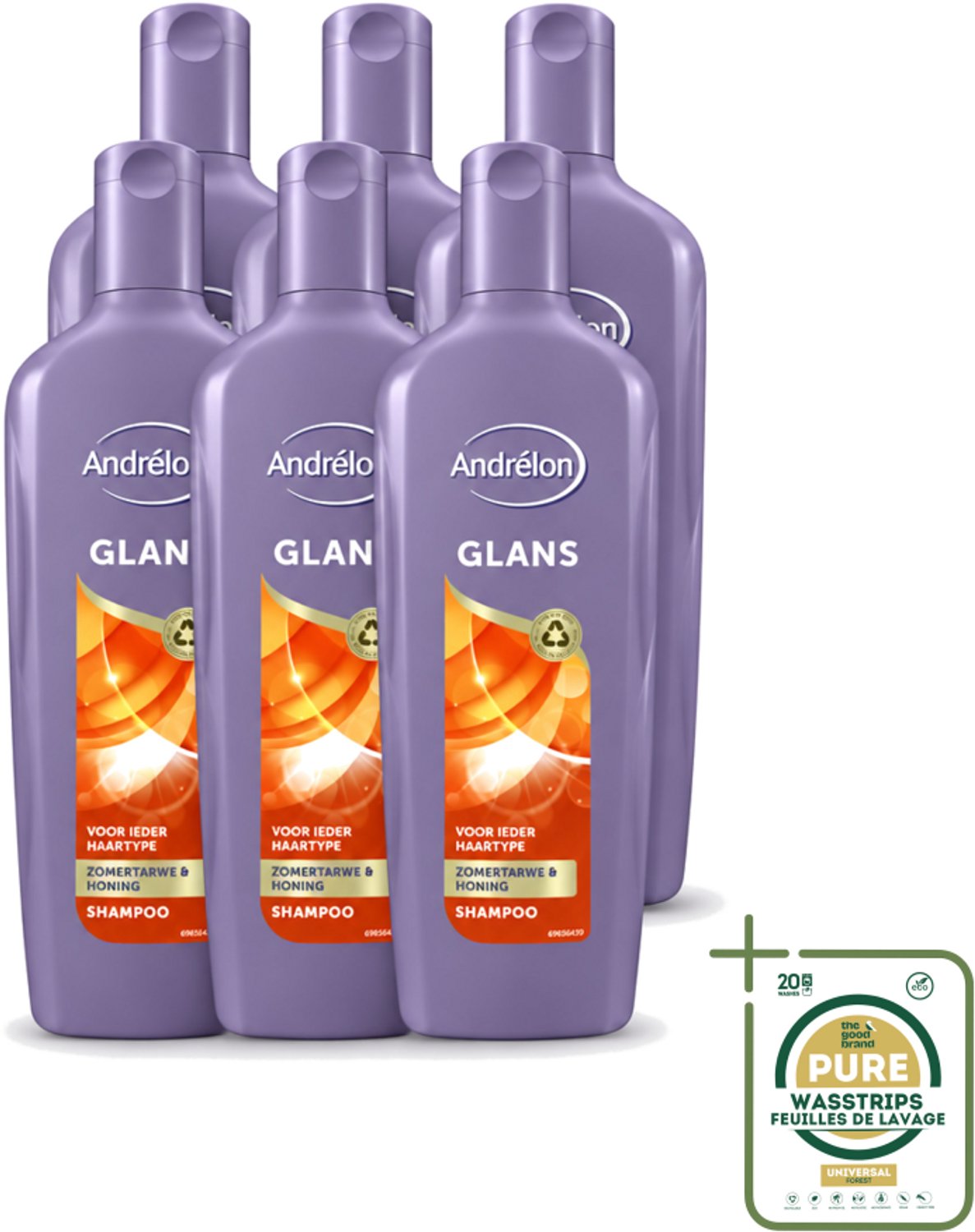 6 x Andrélon - Glans - Shampoo - 300 ml - Wasstrips - Haar Glans - Haar Verzorging - Shampoo Voor Glanzend Haar - Natuurlijke Glans - Zomertarwe Shampoo