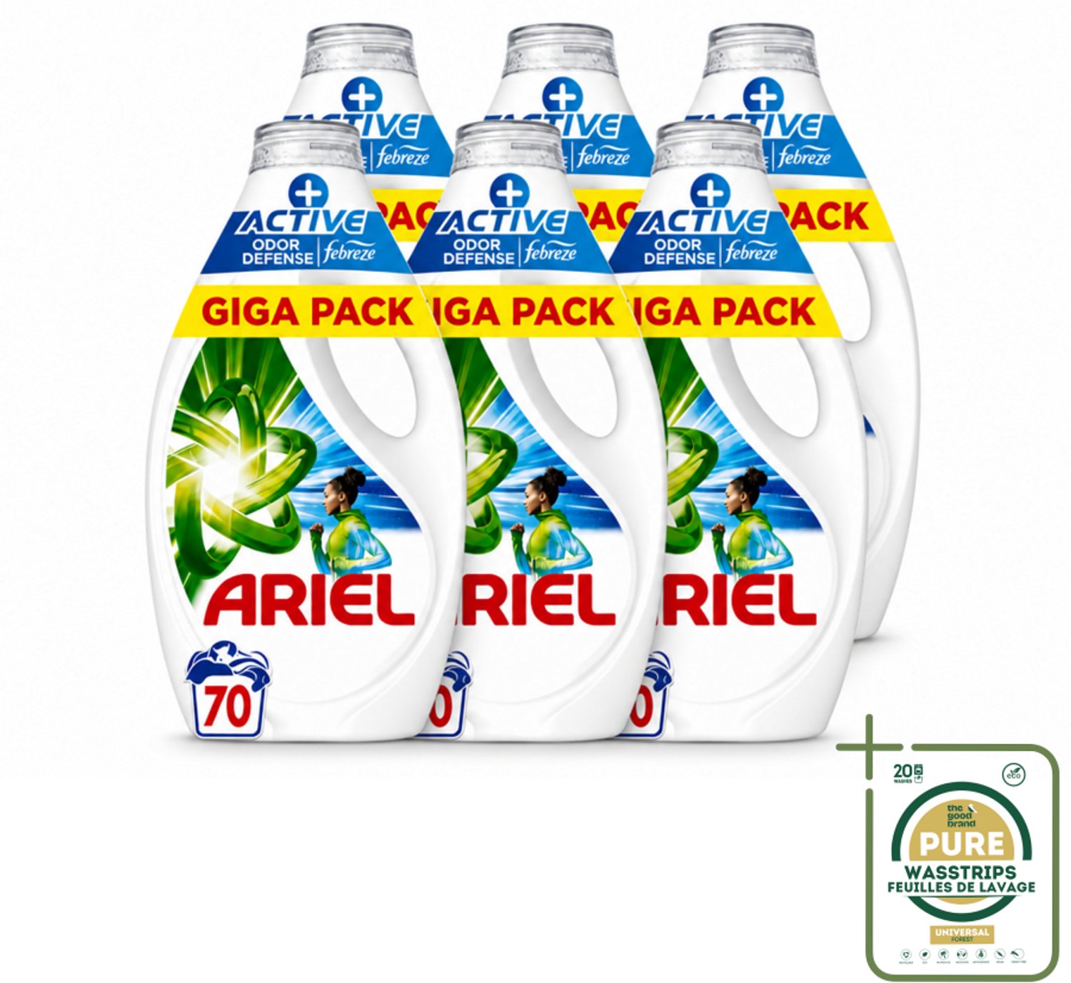 6 x Ariel - Vloeibaar Wasmiddel - +Actieve Odor Defense - 70 Wasbeurten - 3,15 liter - Wasstrips - Vloeibaar Wasmiddel - Geurbestrijding - Zweetgeuren Verwijderen - Frisheid - Koud Water Was