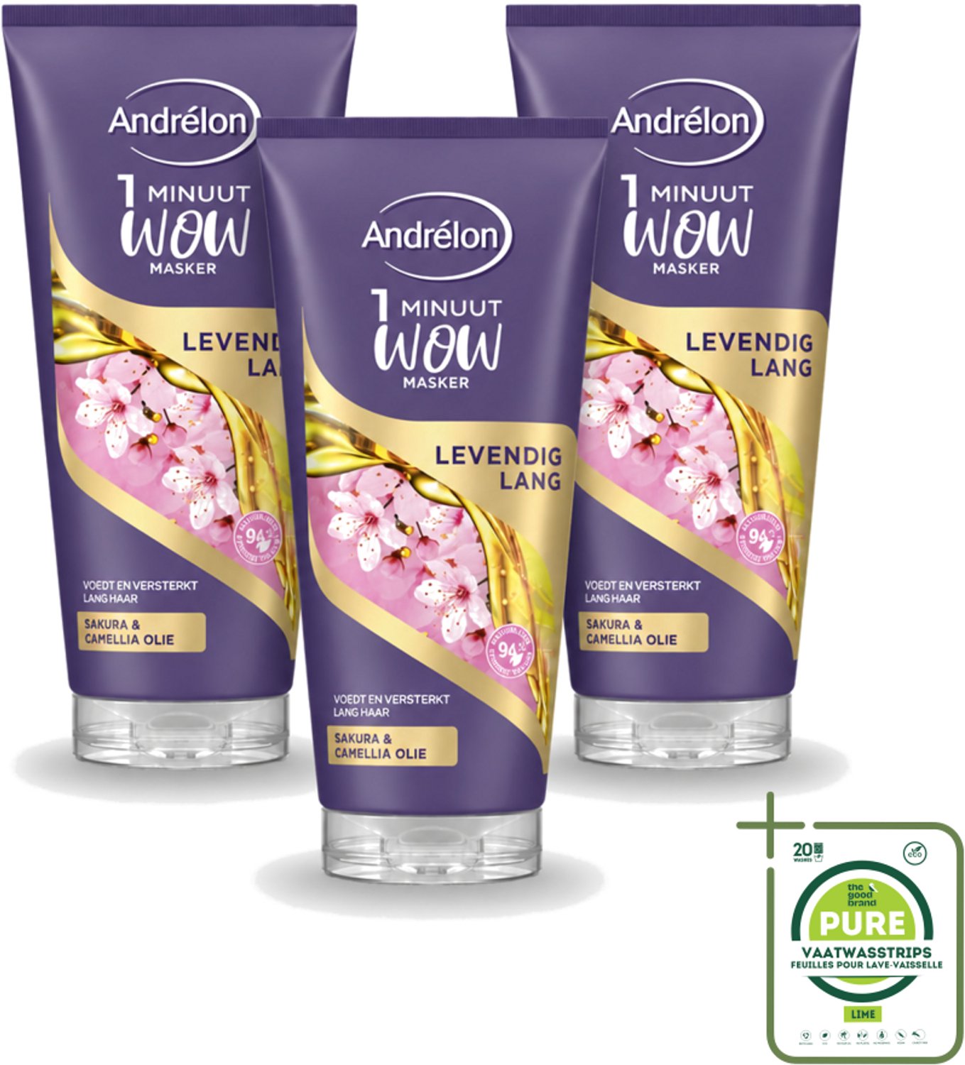 3 x Andrélon - WOW - Masker - Levendig Lang - 180 ml - Grootverpakking - Vaatwasstrips - Haarmasker - Lang Haar - Intensieve Verzorging - 1 Minuut - Sakura-olie