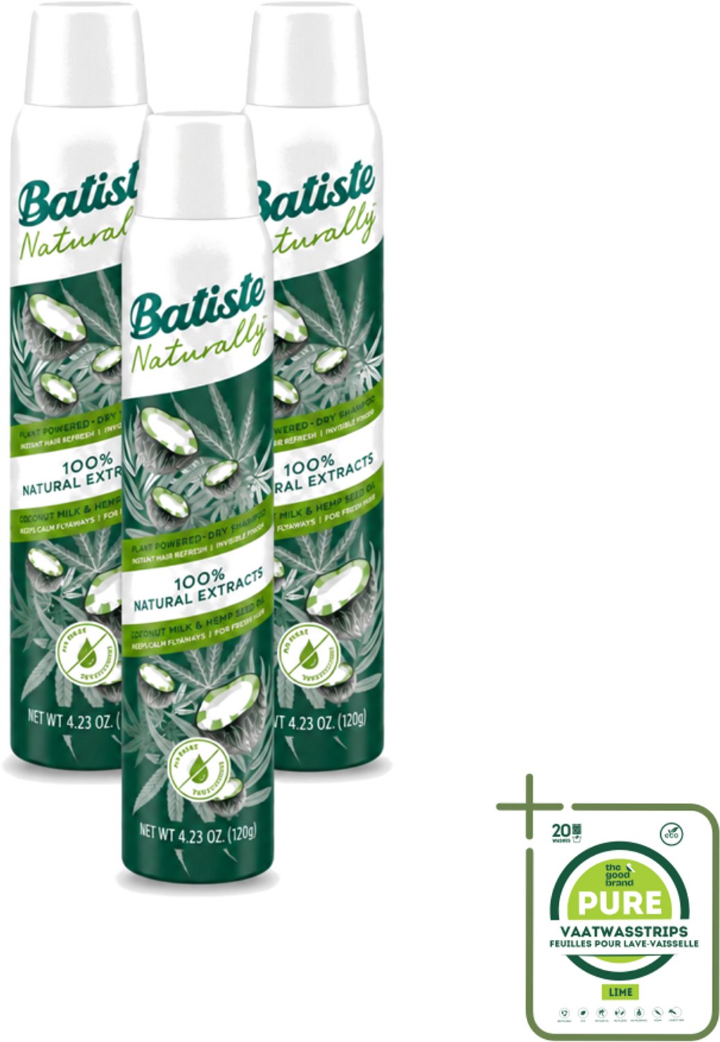 3 x Batiste - Naturally Coconut Milk & Hemp Seed Oil - Droogshampoo - Anti-Pluis en Verfrist - 100% Natuurlijk - 200ml - Grootverpakking - Vaatwasstrips - Natuurlijk Haarverzorging - Droogshampoo - Pluisvrij Haar - Kokosmelk - Hennepzaadolie