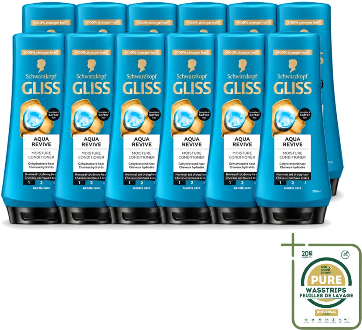 12 x Gliss - Hair Repair - Conditioner Aqua Revive voor Hydraterend en Fris Haar - 200 ml - Wasstrips - Haarverzorging - Hydraterend Haar - Droog Haar - Haarverzorging Crèmespoeling - Aquaporine Complex