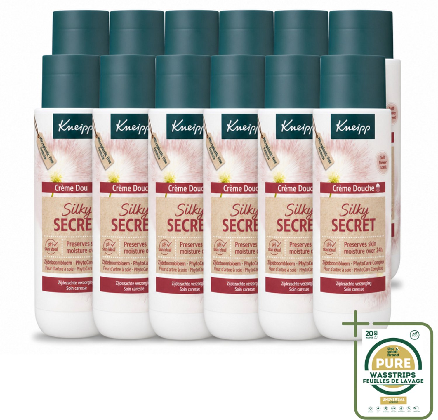12 x Kneipp - Douchecrème - Silky Secret - 200 ml - Wasstrips - Douchecrème - Zijdezacht Huidgevoel - Verzorgende Douchecrème - Huidverzorging - Gevoelige Huid