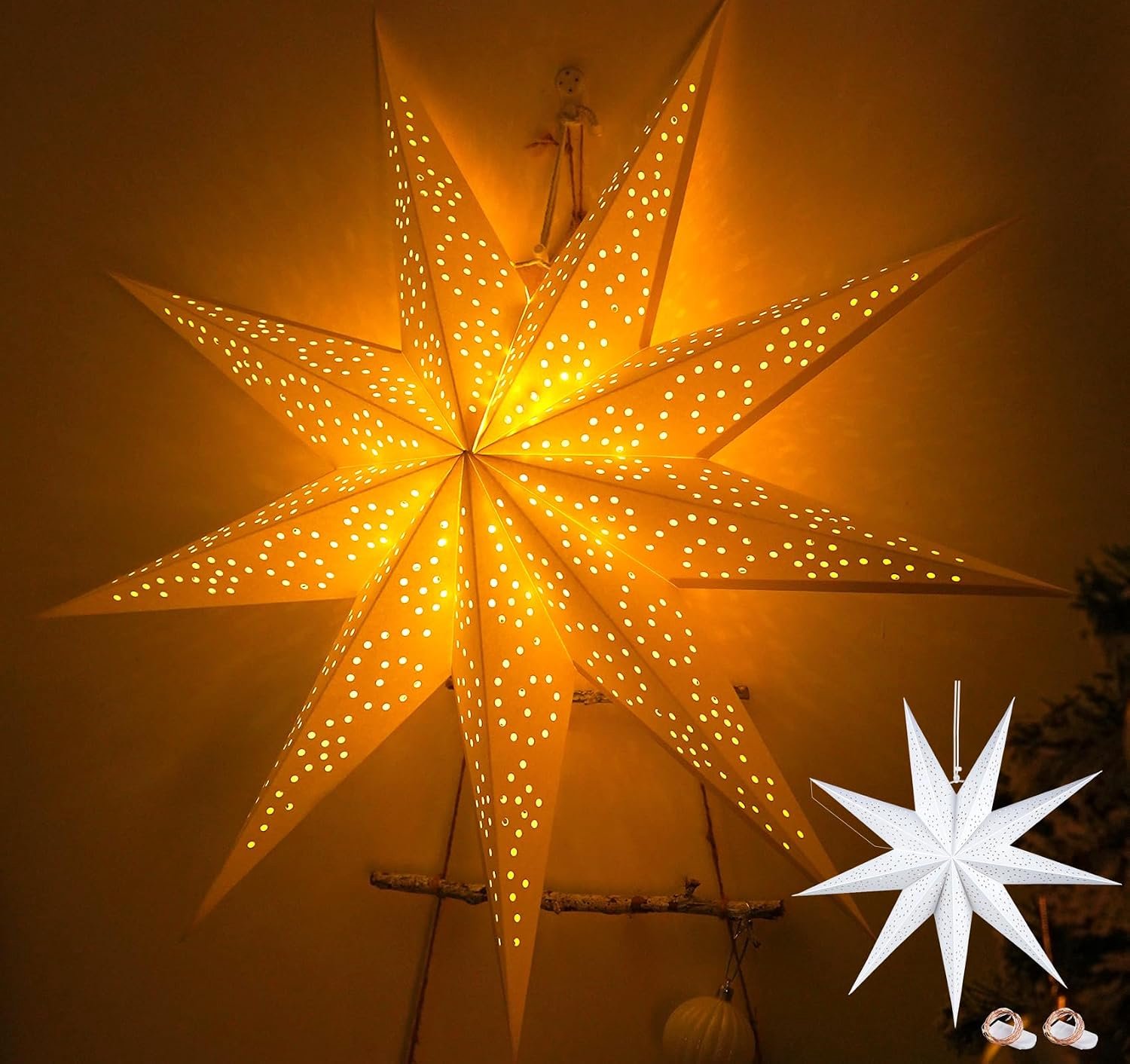 Papieren sterren Kerstmis, kerstster, papieren ster met lichtketting