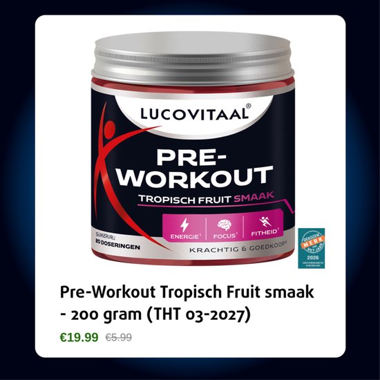 Afbeelding van een pot 'PRE-WORKOUT TROPISCH FRUIT SMAAK' van Lucovitaal, met prijs en THT datum.