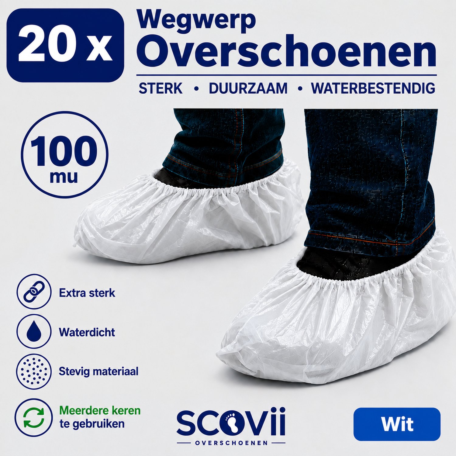 20 EXTRA STERKE 100Mu Dikke Overschoenen | Waterdicht | Antislip | Wit | Herbruikbaar | Schoenhoesjes | Overschoentjes | Schoenovertrekken