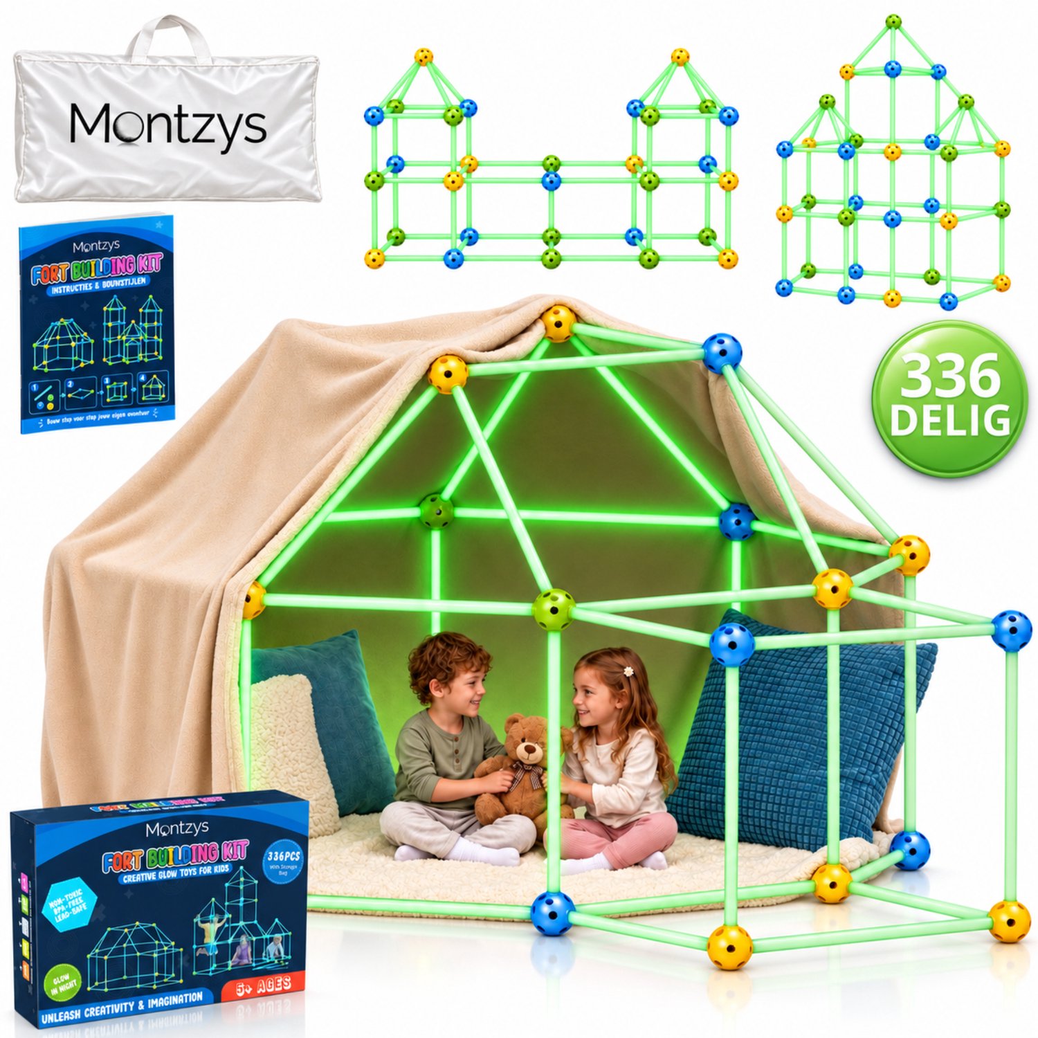 Montzys® Fort Bouwpakket XL Glow in the Dark - 336 Onderdelen - Speeltent & Hutten Bouwen - Constructie Speelgoed voor Jongens & Meisjes - Sinterklaas & Kerst Cadeau