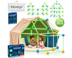 Montzys® Fort Bouwpakket XL Glow in the Dark - 336 Onderdelen - Speeltent & Hutten Bouwen - Constructie Speelgoed voor Jongens & Meisjes - Sinterklaas & Kerst Cadeau