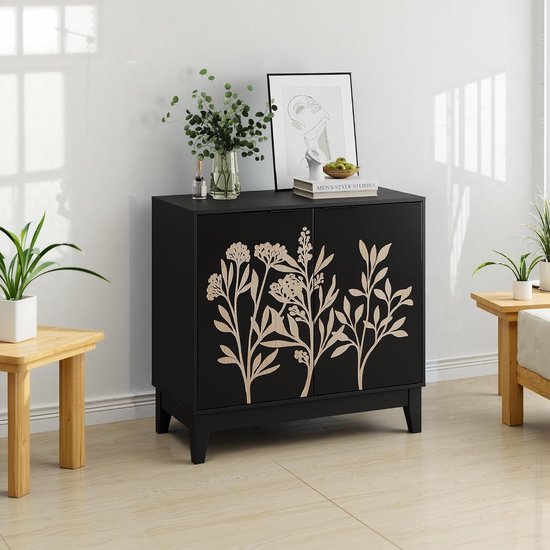 Vintage buffetkast, 80 cm, met gesneden meubels en opbergruimte, dressoir met 2 deuren en verstelbare planken, voor woonkamer, keuken, eetkamer — afbeelding 2