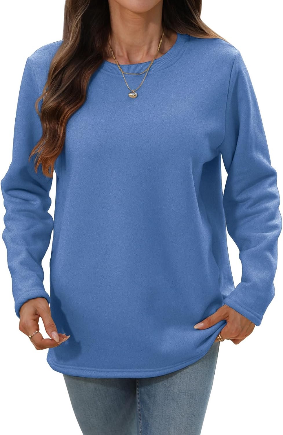 Sweatshirt voor dames, fleece gevoerd, zachte sherpa-voering, thermische trui, ronde hals, warme trui met lange mouwen, casual top voor de winter, gezellige lounge en outdoorkleding voor dames