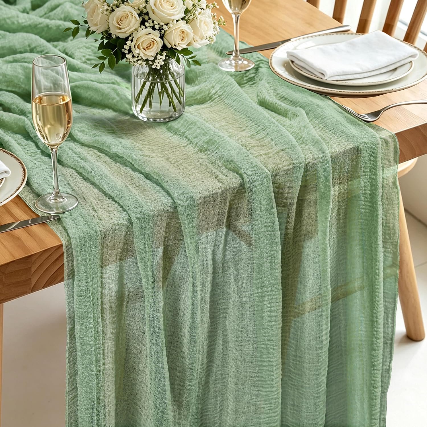 Modieuze Boho Tafelloper Saliegroen, 300 x 80 cm Kaasdoek Tafelloper Wasbare Rustieke Loper voor Bruiloften, Nieuwjaarsfeesten, Babyshowers Keukentafeldecoratie