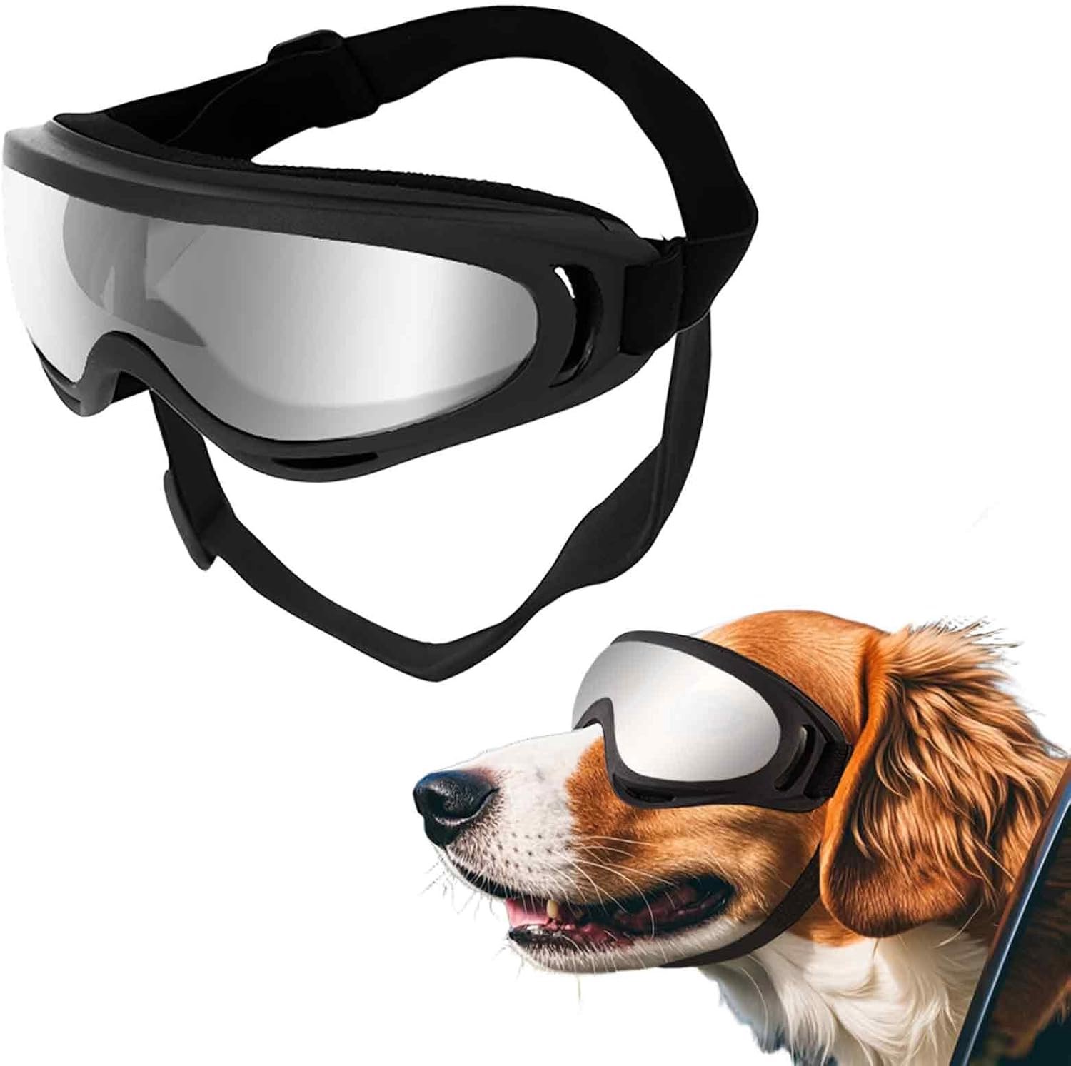 Hondenbril, middelgroot, uv-bescherming, winddicht, voor motorfiets en wandelen, veiligheidsbril voor honden met verstelbare riem, modieuze zilveren stijl, maat M