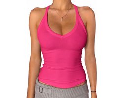 Danysu Racerback tanktop met V-hals voor dames, gewatteerd, geribd, lang model, getailleerde basic camitops