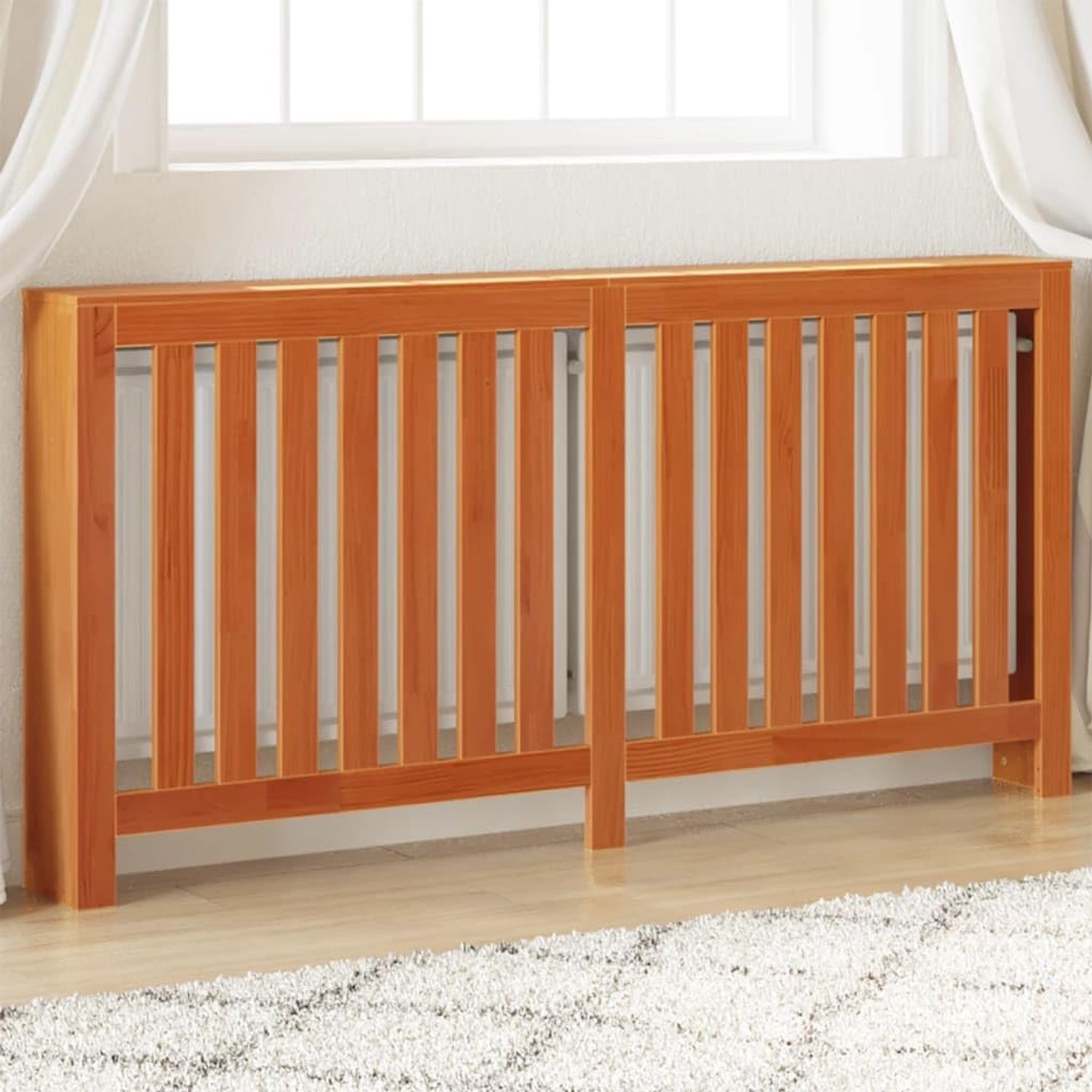 Radiatorbekleding van massief grenen in wasbruin, 169 x 19 x 84 cm, verwarmingsafdekking met praktische legplank en modern lamellendesign voor boeken en decoratie