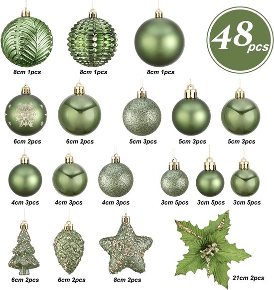 53 stuks groene kerstbal ornamenten set, glitter groene hangende bollen ornament met kunstmatige kerstbloemen voor kerstboom, nieuwjaar, vakantie, feestdecoraties (groen) — afbeelding 2