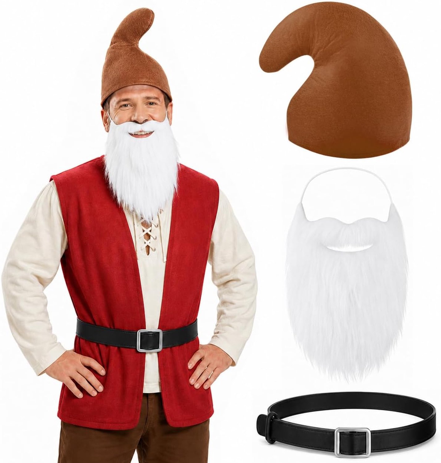 Dwergkostuum, set van 3, puntige muts, dwergriem en kerstwitbaard