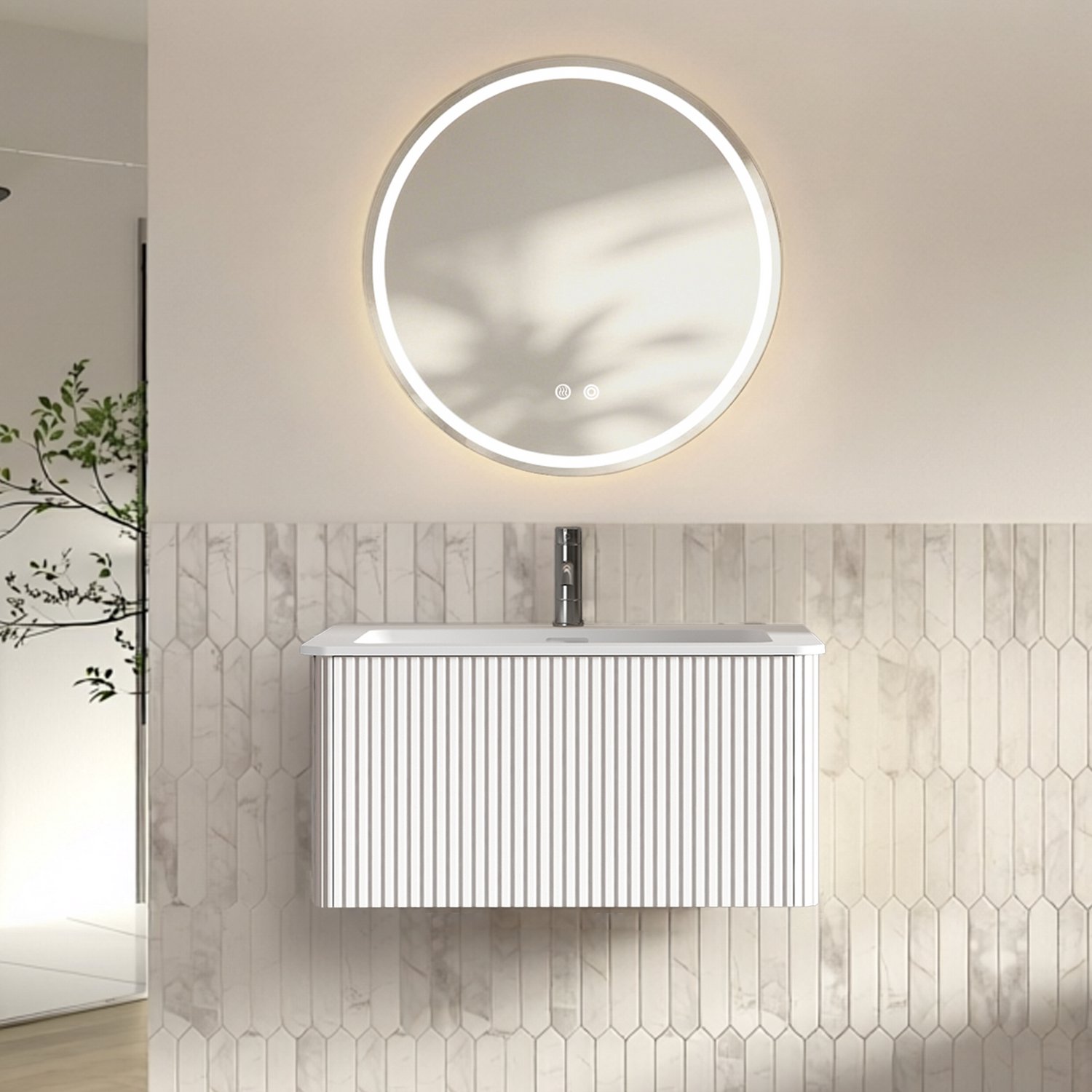 HAUSS SPOLE Badmeubelset - Wandhangende Wastafel Met Onderkast, Lade En Ronde Ledspiegel Van 80 Cm - Voor Kleine Badkamers - Wit - 81x46,5x37 Cm