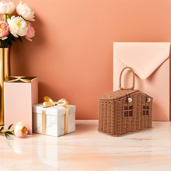 Vintage Huisvormige Picknickmand met Imitatie Rattan Handgeweven Ontwerp Rustieke Decoratieve Draagmand met Handvat voor Bruiloftsgeschenken Feestelijke Buitenactiviteiten — afbeelding 4