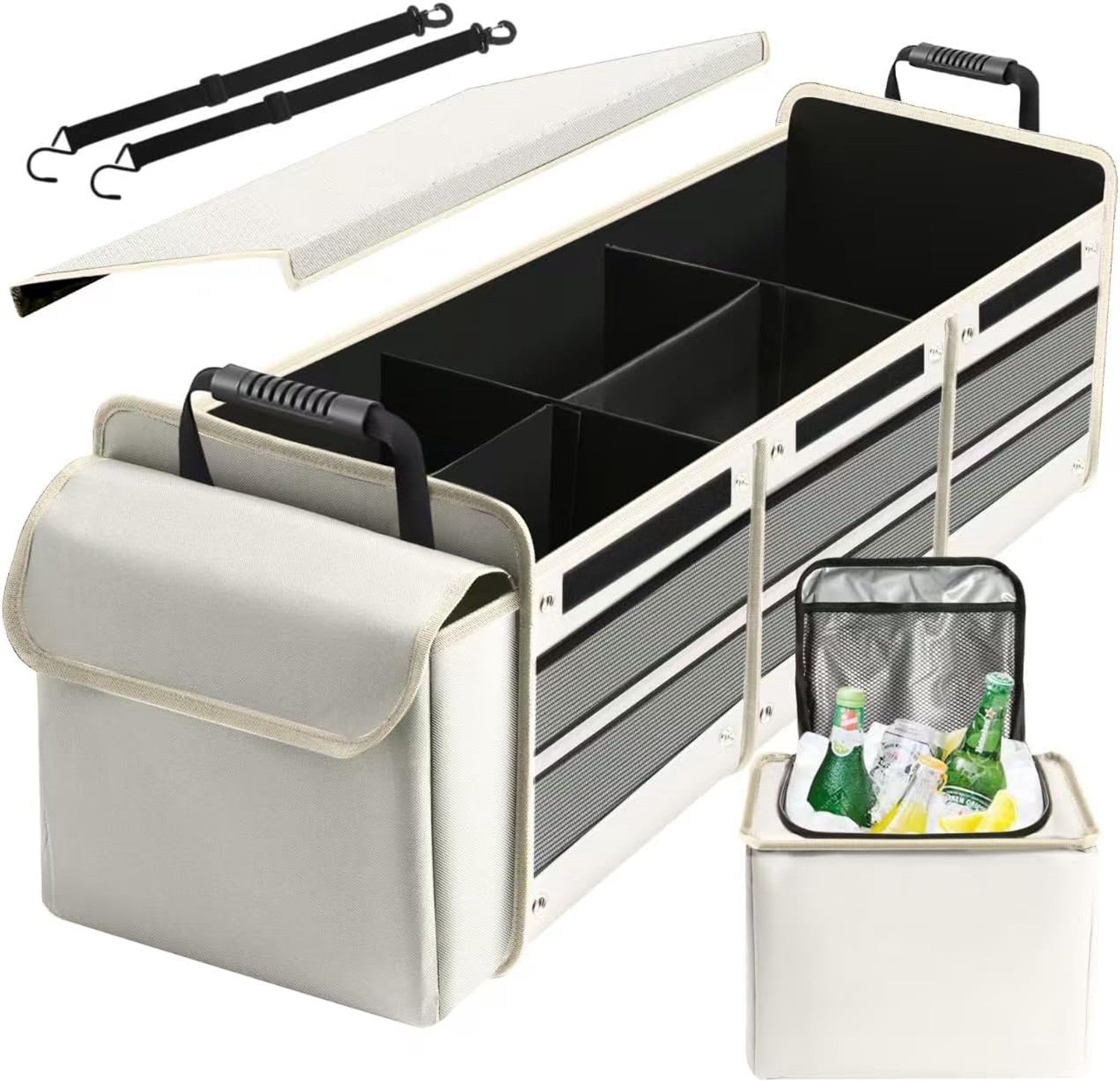 Auto Trunk Organizer met geïsoleerde lekvrije koeltas, 4-in-1 waterdichte draagbare auto-opbergorganizer met inklapbare hoes, 3 grote compartimenten, kofferbakorganizer voor SUV, auto, vrachtwagen