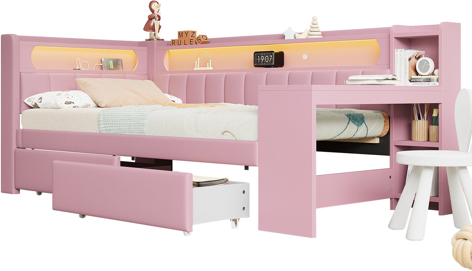 MUVANO Gestoffeerd bed 90x200 cm - dagbed met geïntegreerd bureau - USB-aansluitingen - LED-verlichting in 7 kleuren - 2 laden - roze