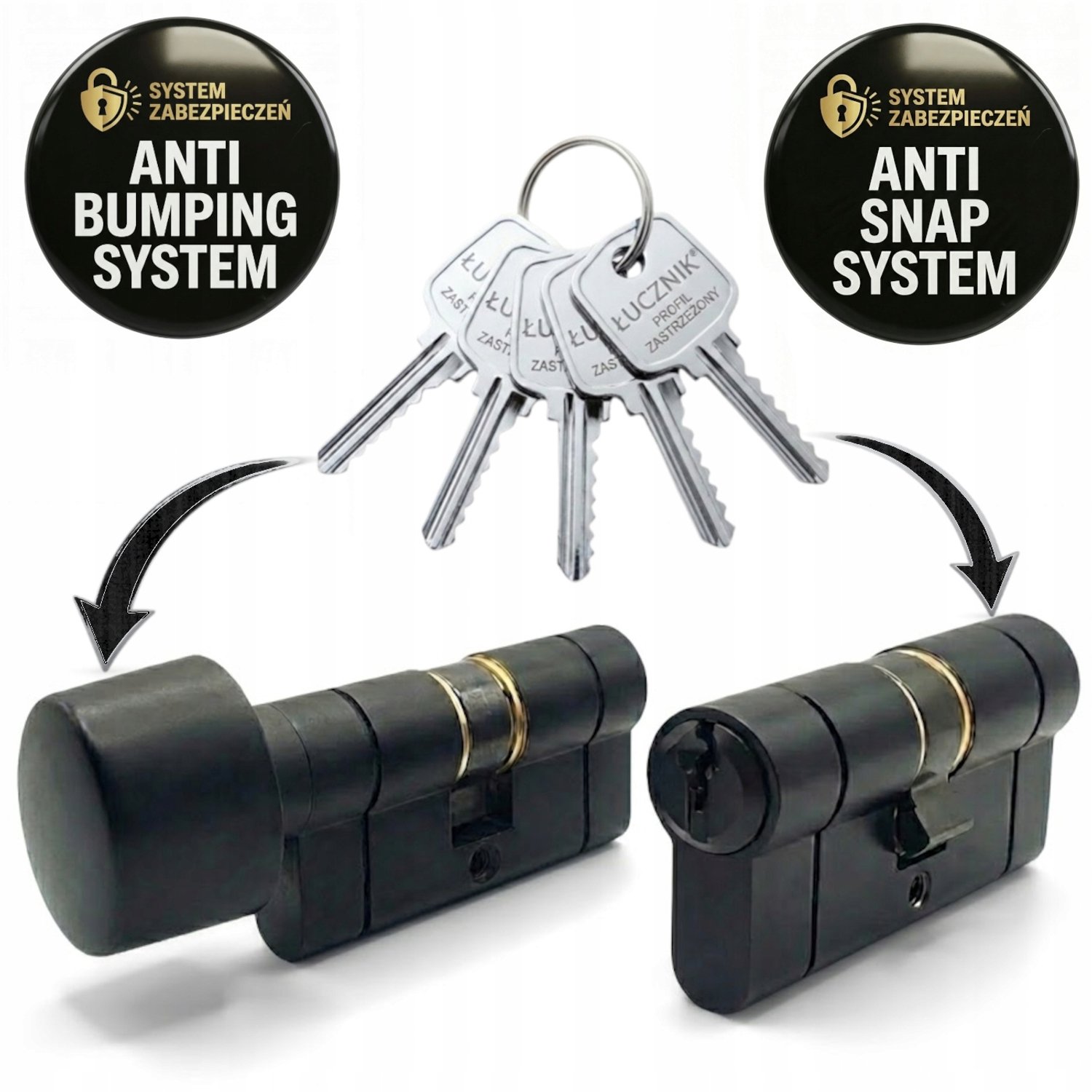 Zwarte Anti-inbraak Cilinder met Knop G30x30, 5 Sleutels
