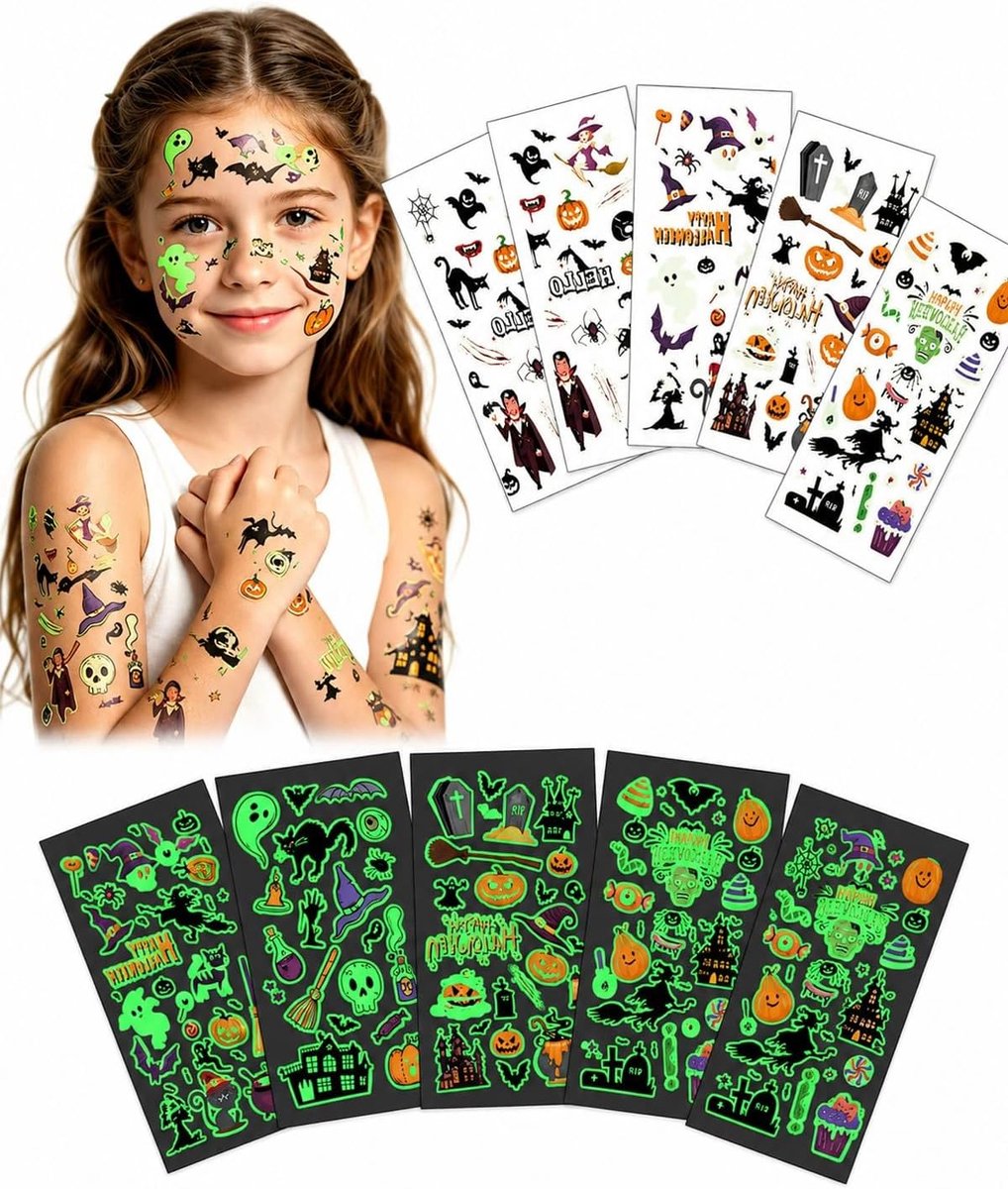 Halloween-tatoeages voor kinderen, 10 vellen lichtgevende tijdelijke tatoeages, gezichtsstickers voor feestjes en decoratie, huidvriendelijk, waterdicht en duurzaam, voor jongens en meisjes