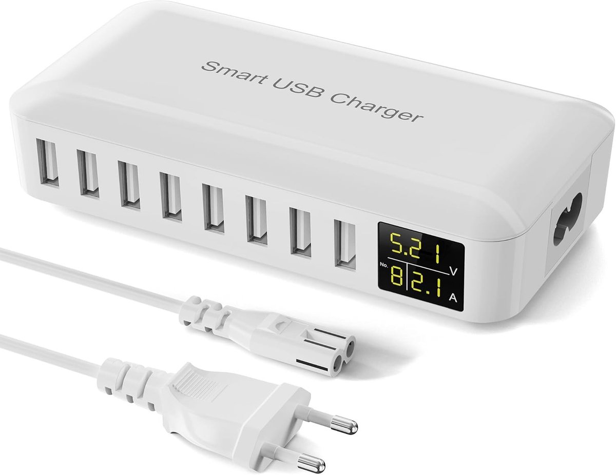 Oplaadstation met 8 Poorten voor Meerdere Apparaten, LED Scherm, Geschikt voor iPhone, iPad en Samsung Galaxy