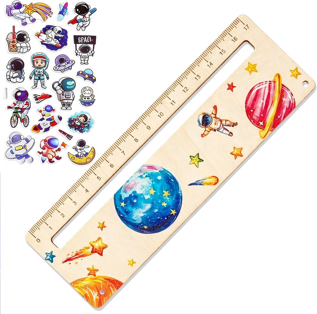 Liniaalset voor de eerste schooldag 2026, gepersonaliseerde houten liniaal met leeshulp en astronautenstickers, cadeau voor jongens en meisjes