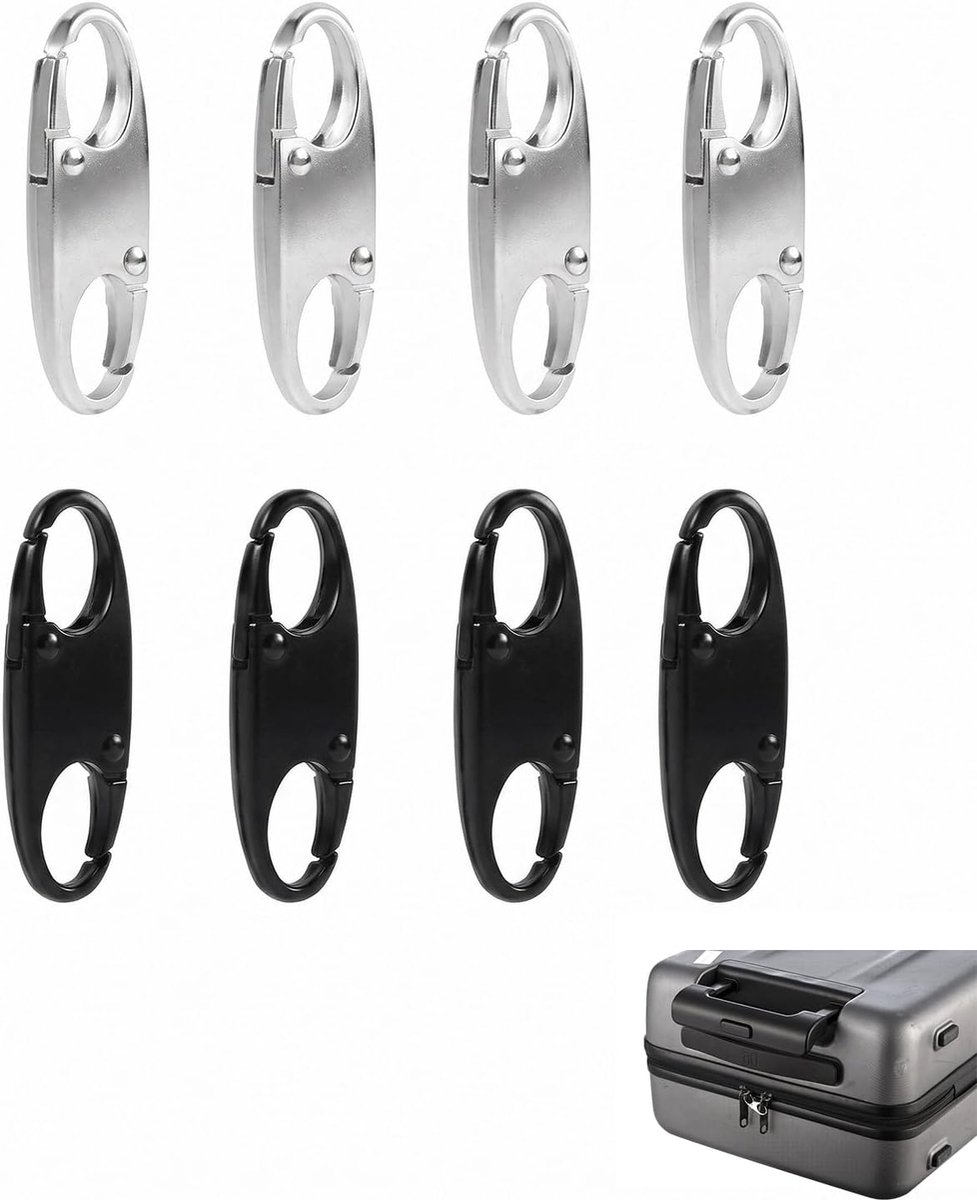 8 stuks S-vormige zaksluitingen, 4 zwart/4 zilver, veerhaken met veiligheidsbeugel, voorkomt ongewenst openen en beschermt bagage