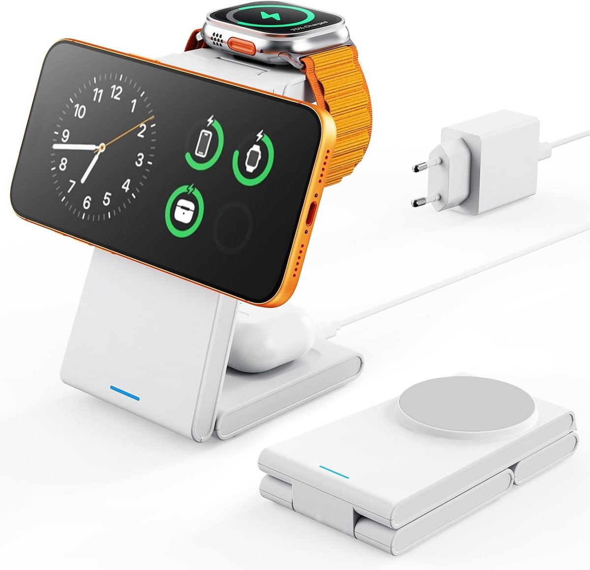 3-in-1 Oplaadstation voor Apple, Vouwbaar MagSafe Oplaadstation voor iPhone en Apple Watch, Draadloze Charger, Compatibel met iPhone 14/15/16/17 en Apple Watch 1-2, Wit-Grijs