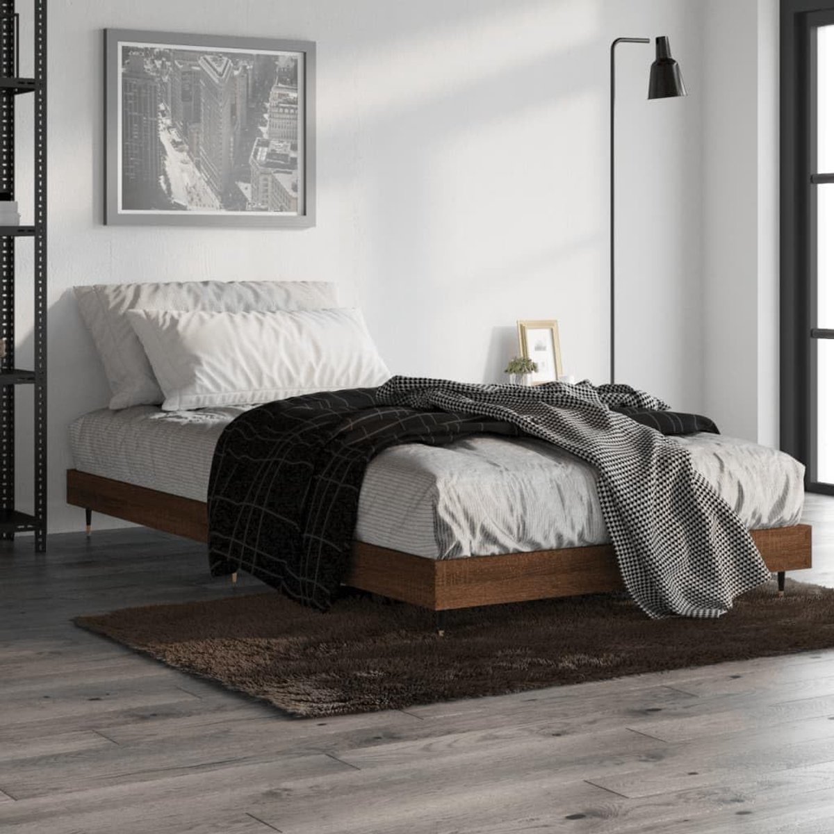 Hout bedframe metalen poten Standaard 100x200 cm bruin eikenkleur