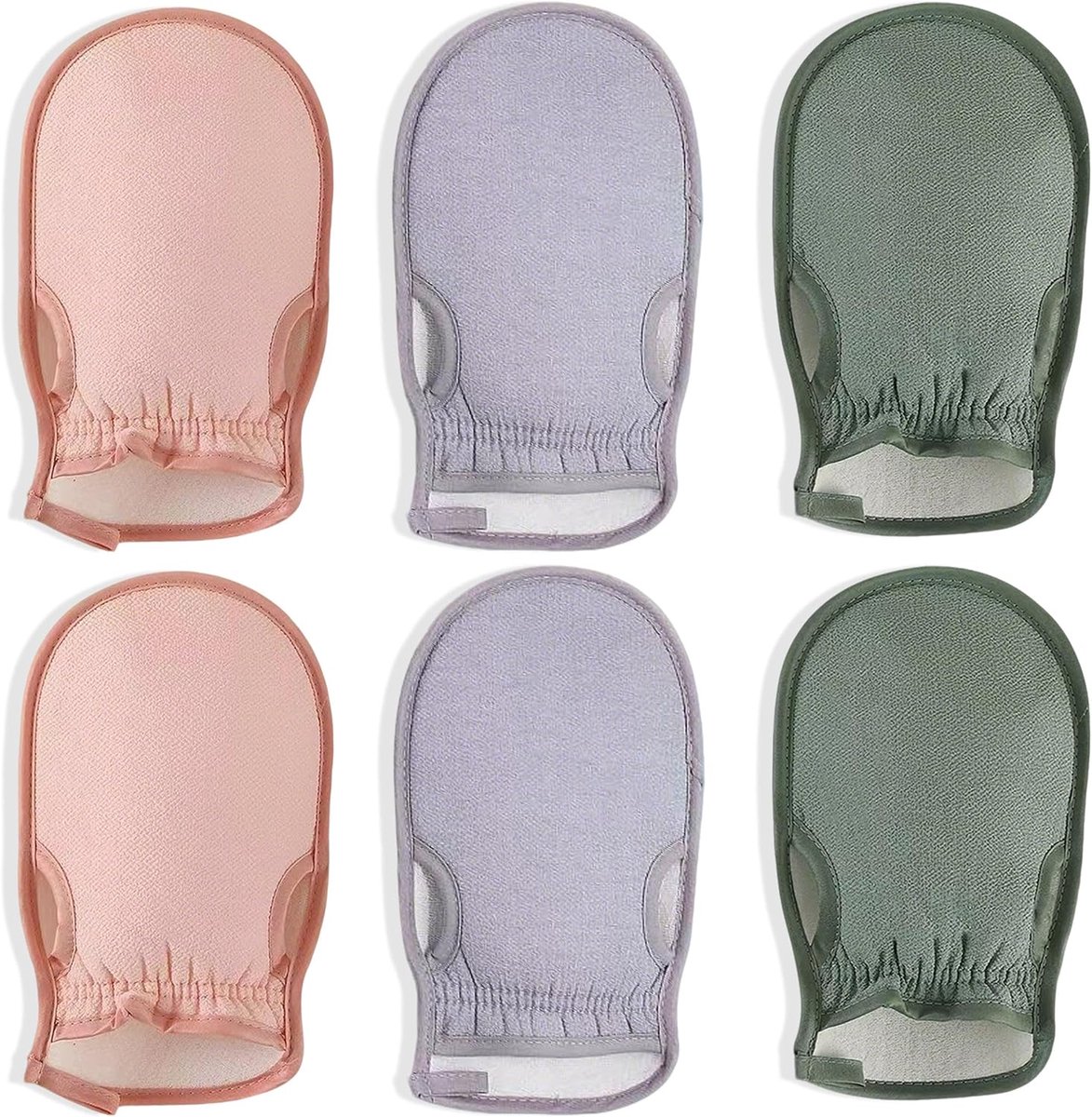 6 Stuks Peeling Handschoenen, Paars Groen Roze Peelinghandschoenen van Gestructureerde Katoenmix, Herbruikbare Exfoliërende Douchehandschoenen voor Bad en Lichaamsverzorging