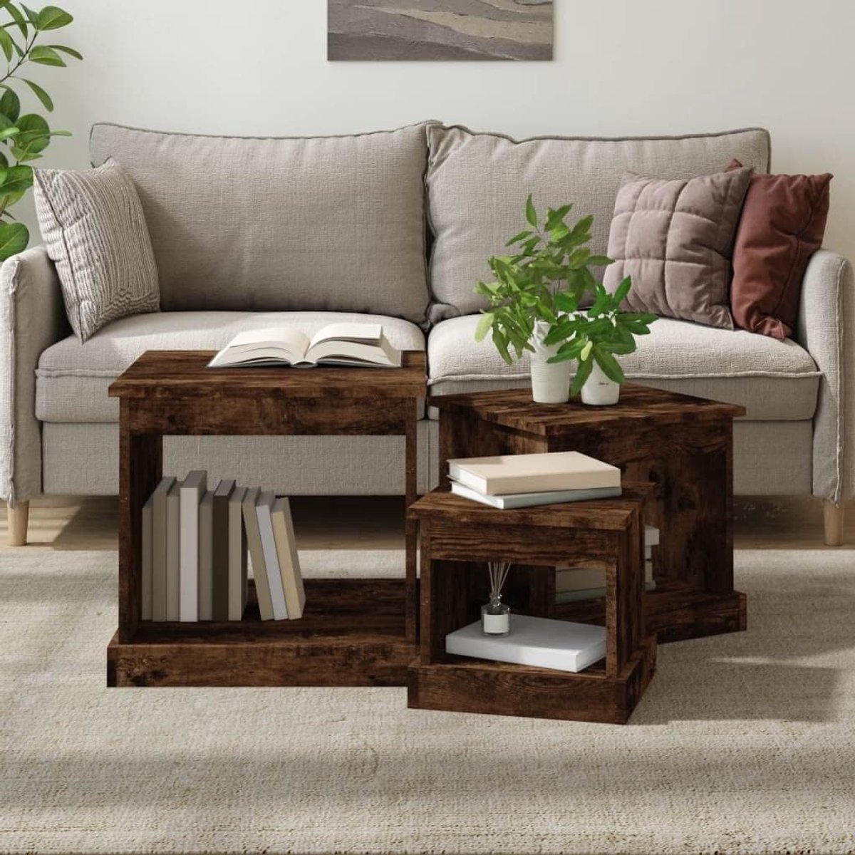 Stapelbaar bewerkt hout klassieke salontafelset gerookt eikenkleurig 23 cm