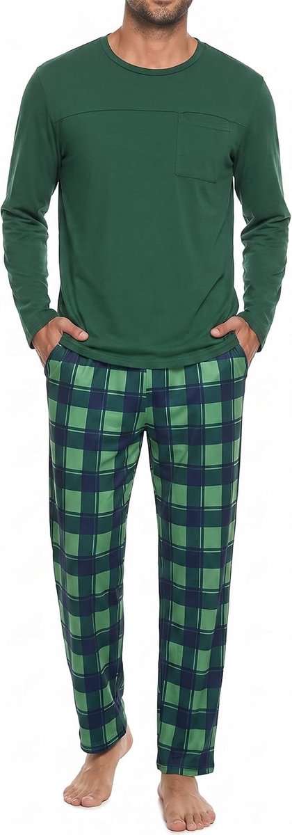 Herenpyjama met ronde hals en geruite broek