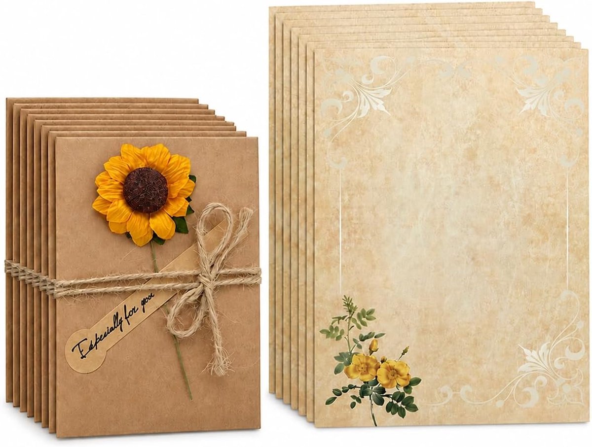 Wenskaartenset, vintage zonnebloemen met briefpapier, 18-delig (8 kaarten 7 x 10 cm en 10 briefvellen) voor verjaardag, bruiloft, Moederdag, handgemaakt kraftpapier, mini-vouwkaarten