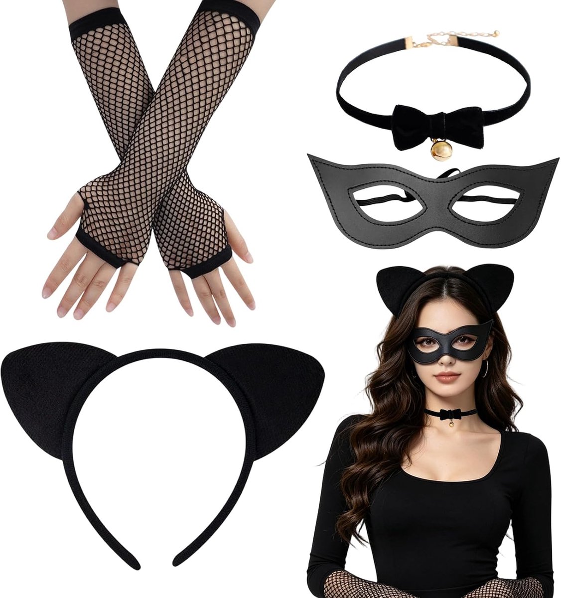 4 stuks kattenkostuum voor dames, haarband met kattenoren, halsketting, masker, handschoenen, zwart, dierenkostuum voor Halloween, carnaval, cosplay