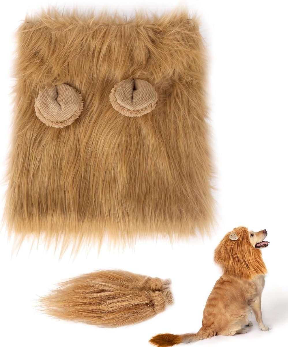 Hondenpruik, set van 2 met staart, verstelbaar hondenkostuum, leeuwenkostuum voor middelgrote en grote honden en katten, Halloween-kostuum, hondenfeest, cosplay, lichtbruin, M