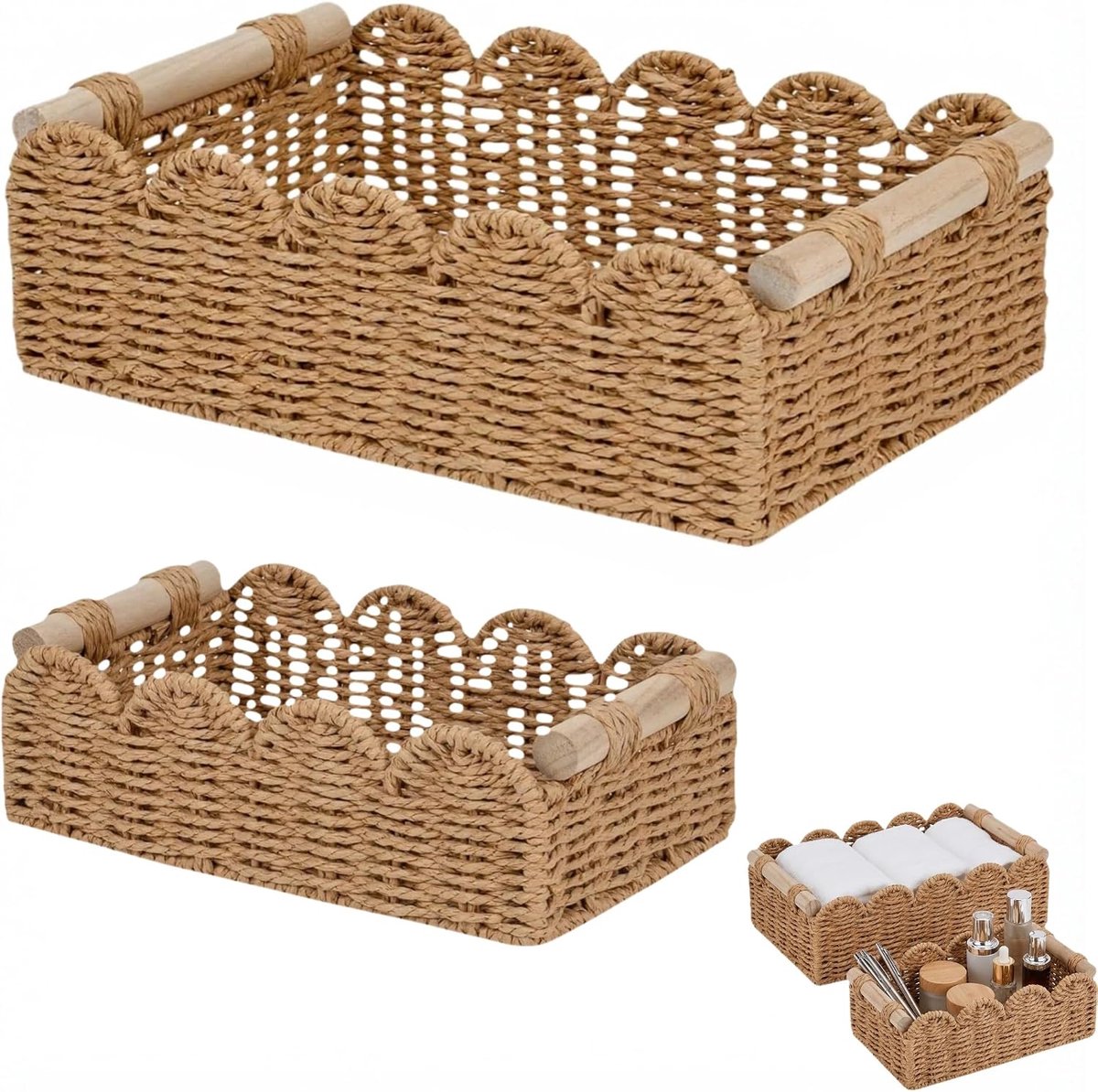 Gevlochten manden, 2 stuks, rotan mand met houten handgrepen