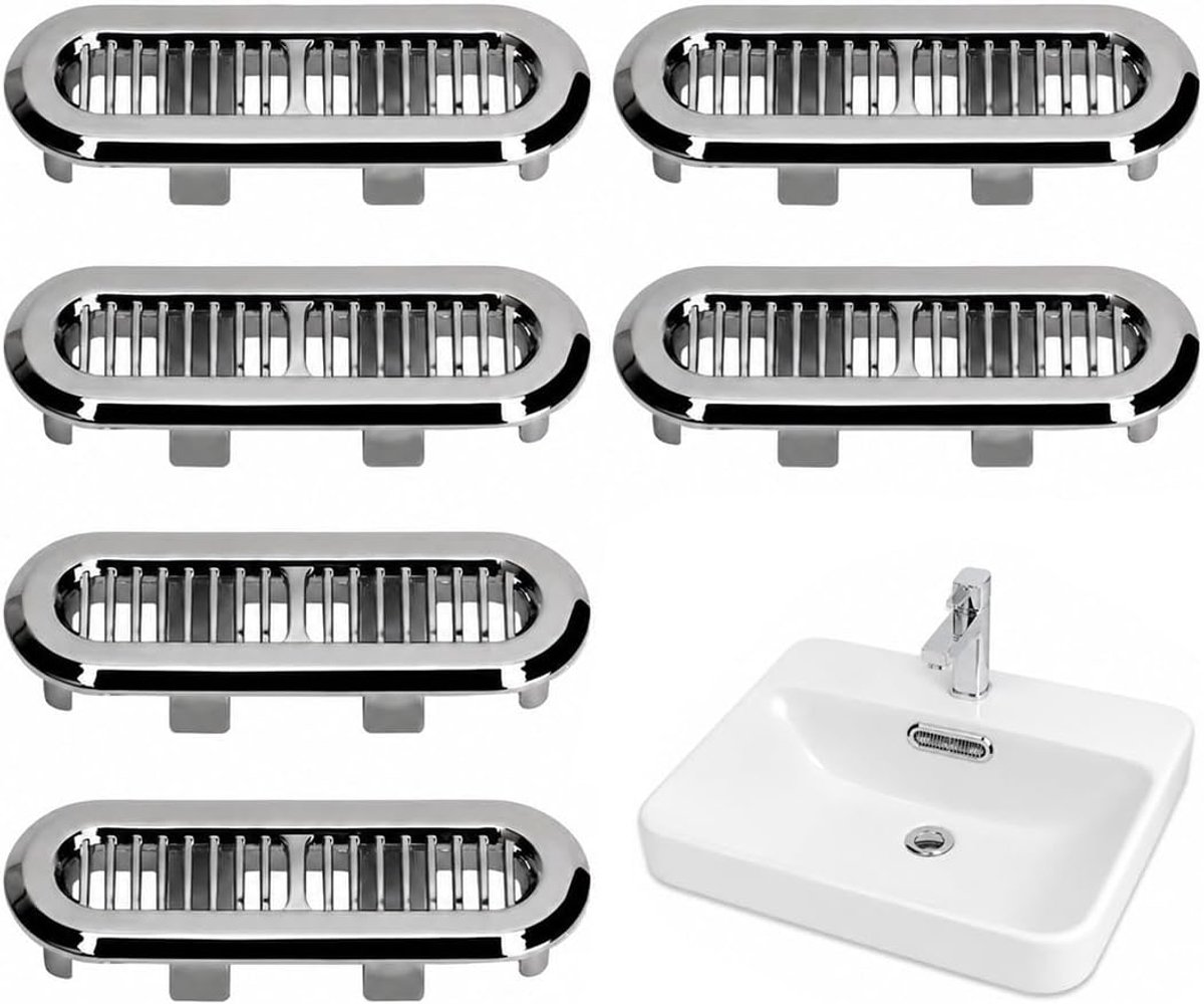 6 overloopringen voor wastafels, platte en lange decoratieve deksels van zilverkleurig ABS, compatibel met alle wastafels, spoelbakken en wastafels