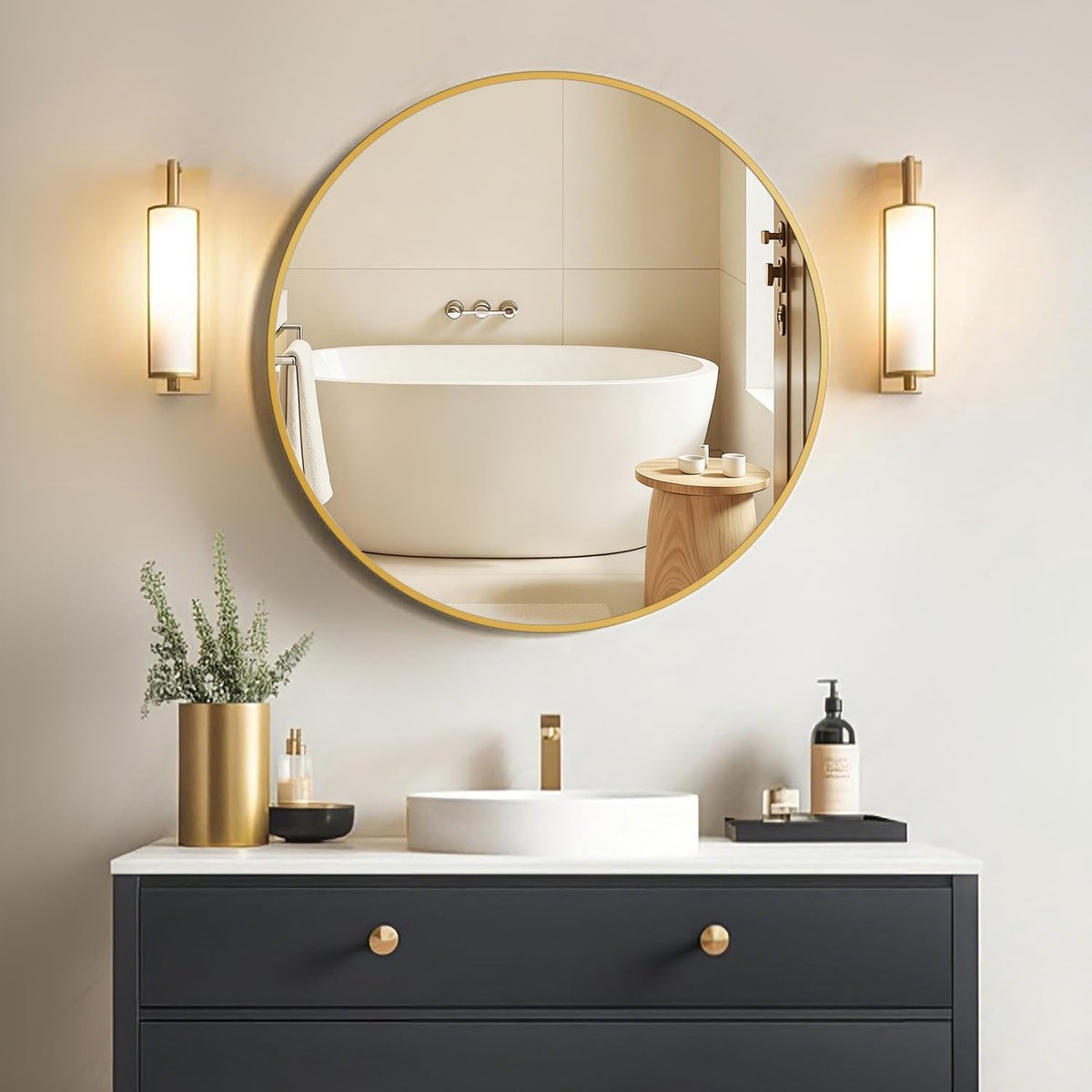 Rond Gouden 40cm, Hangend of Lijmen, Moderne Badkamerspiegel met Aluminium Frame, HD Spiegelglas Wandspiegel, Decoratieve Ronde Spiegel voor Badkamer, Hal, Woonkamer, Slaapkamer